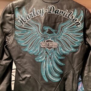 Harley-Davidson Black Leather Jacket with Blue Embroidery NWOT
